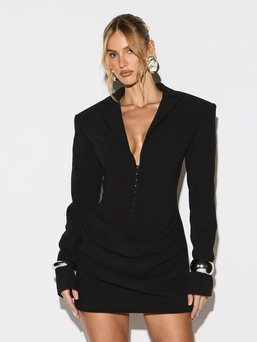 KIZN Vestido mini ajustado de manga larga con escote en V profundo, cierre frontal con gancho y ojos y hombreras acolchadas para ocasiones de fiesta de noche - Negro - Ver 1