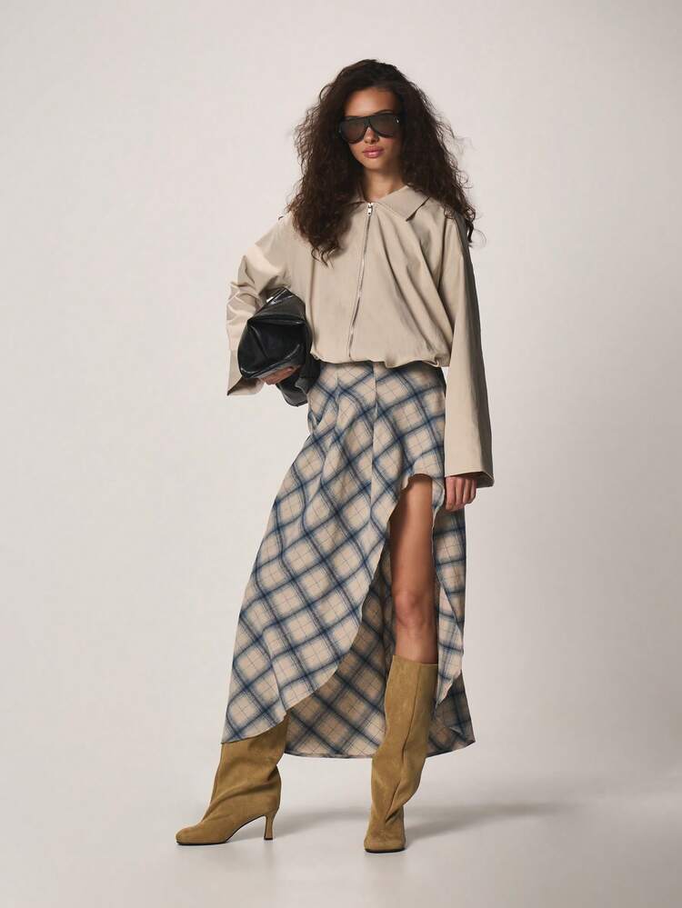 MISSGUIDED 非対称チェック柄プリーツマキシスカート サイドスリット ダイアゴナルパターン 秋冬カジュアル フローイング ロングスカート
