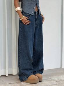 SHEIN PETITE 女士宽松版型带口袋阔腿休闲牛仔裤 - 藍色 - 查看 7