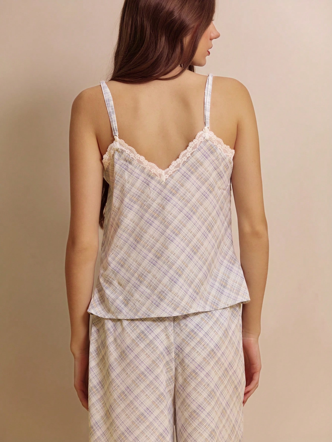 Check Pattern Cami Top With Lace Trim And Matchgin Loose Fit Trouser Pyjama Set Comfy Cute Cosy French Style Parisian Style