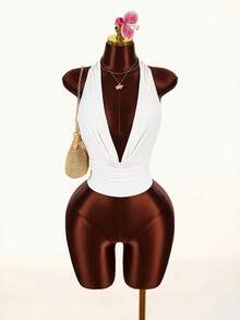 Amplova Women's Plunging Neck Top With Backside Rope Wrap Detail And Ruched Front, Fashionable And Sexy - White - View 2