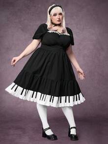 ROMWE Goth Đầm cỡ lớn dành cho nữ, kiểu dáng vintage Y2K, xếp ly, phối ren, họa tiết bàn phím đàn piano, thắt eo. - màu đen - Xem 8