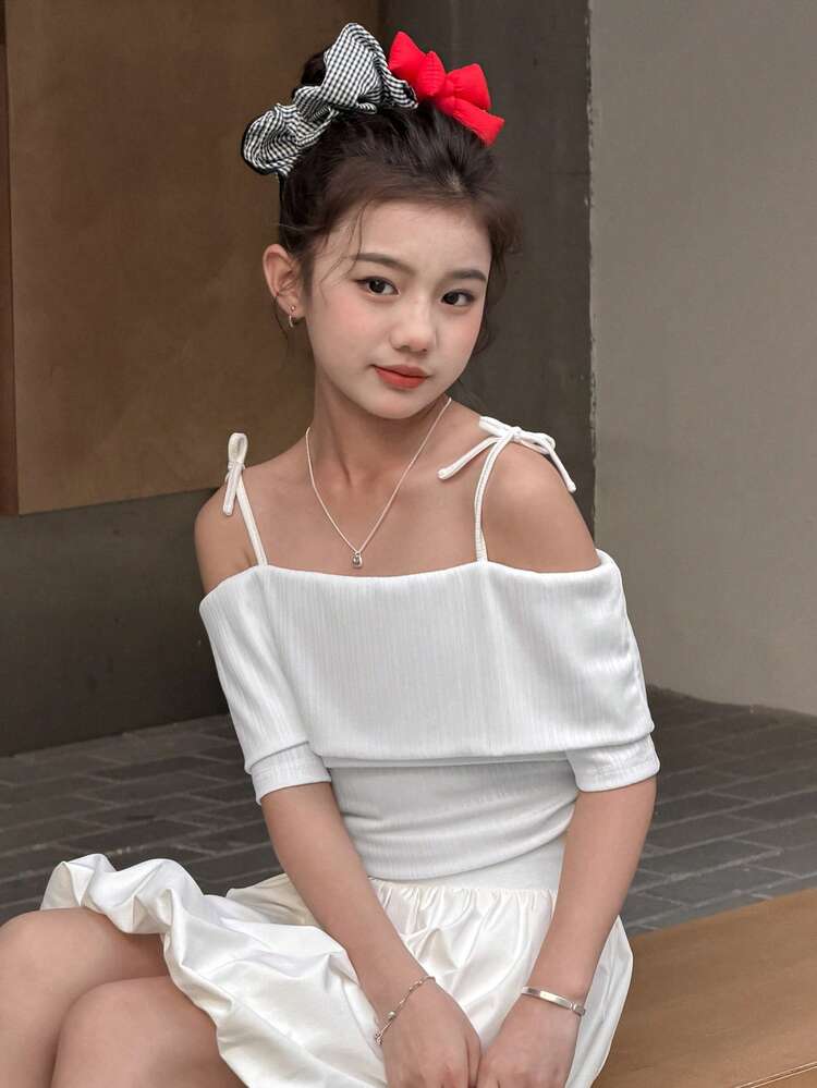 Tween Girl Off-Shoulder Fitted Short Sleeve T-Shirt