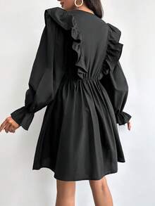 EURMUSE Ruffle Trim Flare Sleeve Dress - Black - View 2