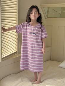 DAZY 女童字母条纹印花圆领短袖休闲连衣裙/家居服 - 紫色 - 查看 5