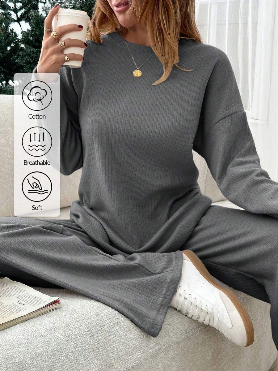 Women Beige Wide Leg And Top Two Pieces - Grey - View 1