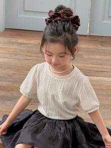 DAZY 女童纯色简约休闲圆领短袖T恤 夏季 - 米色 - 查看 1