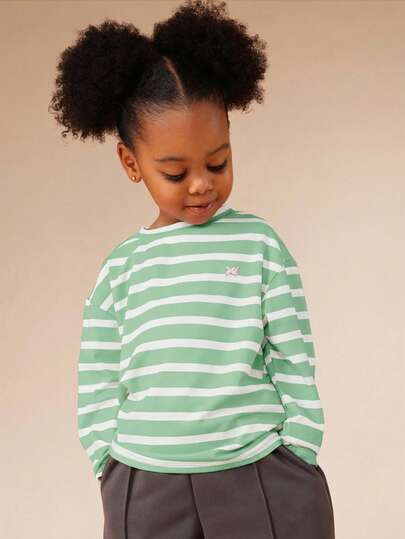  SUMWON Girls Mint Horizontal Striped Long Sleeve Oversized T-Shirt With Small Logo Detail Casual Everyday Top Vacation