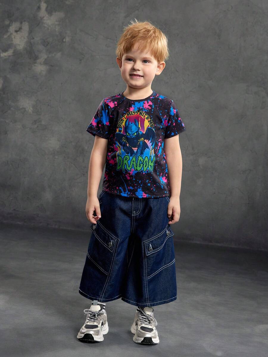 SHEIN How to Train Your Dragon Young Boy Casual Daily Commute Fashion Street Cartoon Letter Graffiti Print Short Sleeve T-Shirt - Multicolor - View 1