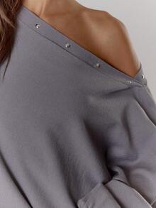 MUSERA Asymmetrical Shoulder Studded Back Wing Oversized Cinched Waist Jumper Y2K Cool Girl Streetstyle Everyday Casual Winter Spring - Grey - View 6