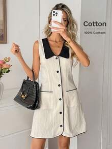 Easowa Sleeveless Lapel Open Front Apricot 100% Cotton Women's Mini Dress, Spring/Summer  Summer Dress  Summer Holiday Outfits Spring Dress Women Spring Break Outfits Valentines Day Dress  Beach Dress  Wedding Guest Dress For Women Summer Holiday Outfits Vacation Outfits Women - Apricot - View 2