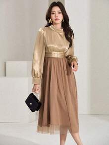 DAZY Women's Color Block Simple Long Sleeve Dress, Casual Everyday Wear Sundress - Camel - View 5