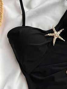 SHEIN Tween Girl Casual Vacation Black 1pc Detachable Strap Hollow Starfish Accent Ruched One-Piece Swimsuit, Summer Beach