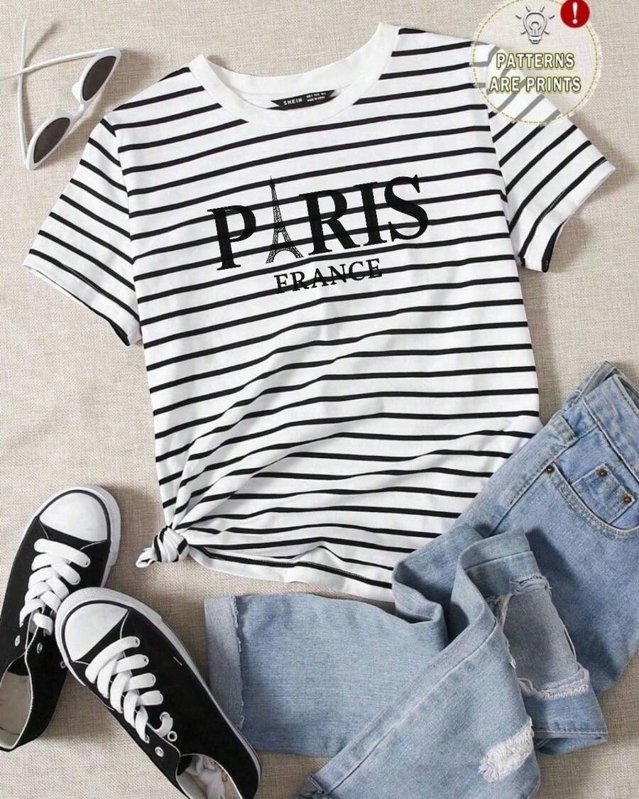 Camiseta de rallas con estampado de Paris - Blanco - Ver 1