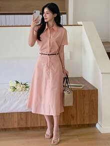 DAZY Women's Collared Waist Cinched A-Line Midi Dress, Pink, Lightweight For Commuting - Pink - View 3