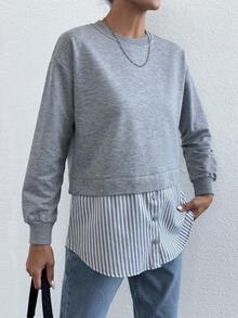 EURMUSE Contrast Striped Print Button Detail 2 In 1 Sweatshirt - Light Grey - View 5