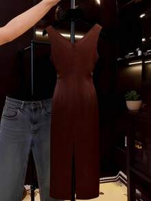 SHEIN Franclia 女士无袖连衣裙，简约办公装，后开衩，拉链闭合 - 棕色 - 查看 2