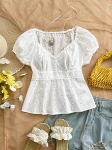 Soleia Women's Fashionable Elegant Embroidered V-Neck Mesh Blouse - White - View 5