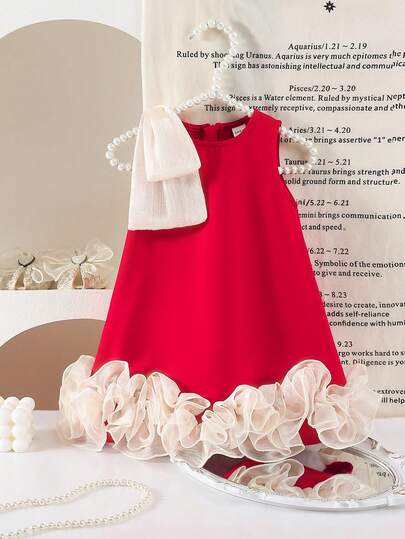 SHEIN Elegant & Cute Red Organza Patchwork Bow Decor Baby Girl Dress