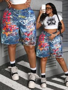 Slaydiva 大码夏季休闲涂鸦印花毛边牛仔短裤 春夏女装 沙滩装 Y2K 女式牛仔裙 Y2K 牛仔裙 时尚女装 牛仔裙 女式半身裙 - 彩色 - 查看 6