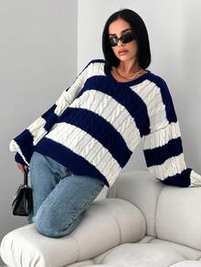 EURMUSE Two Tone Drop Shoulder Cable Knit Jumper - Multicolor - View 3