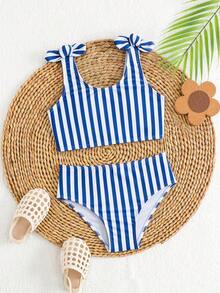 女童比基尼套装泳衣分体两件式无袖三角裤款式紫色条纹印花涤纶面料可爱两件式女童泳衣，适合海边、泳池、露营 - 藍色 - 查看 6