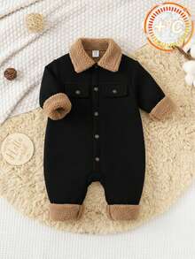 SHEIN 男婴保暖连体衣，加厚保暖高领长袖连体裤套装，舒适百搭休闲可爱简约基础款，适合秋冬季室内、室外、日常穿着、运动、玩耍、派对、万圣节等场合。