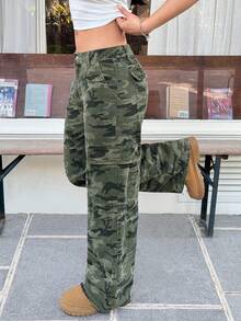 SHEIN EZwear Quần jeans ống rộng nữ kiểu dáng thường ngày, họa tiết rằn ri, có túi nắp, phù hợp cho việc đi lại hàng ngày. - xanh quân đội - Xem 4
