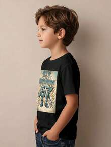 Playera para niño estilo urbano con estampado de cómic algodón suave corte holgado manga corta verano uso escolar y al aire libre playera - Negro - Ver 2