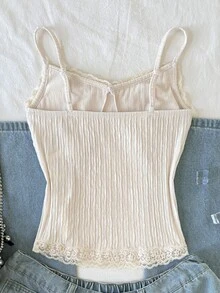 SHEIN 少女休闲简约舒适纹理面料蕾丝边吊带背心 - 杏色 - 查看 2