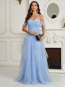 SHEIN Belle Adult Women's Off Shoulder Ruched Bust Asymmetrical Ruffled Hem Bridesmaid Dress - Baby Blue - View 1