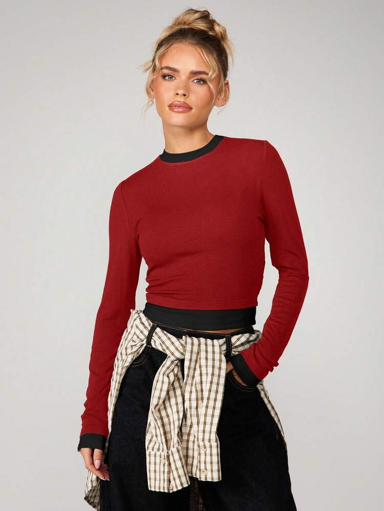 MISSGUIDED 캐주얼 가을 겨울 레이어링을 위한 대비되는 블랙 트림이 있는 골지 긴소매 크루넥 탑