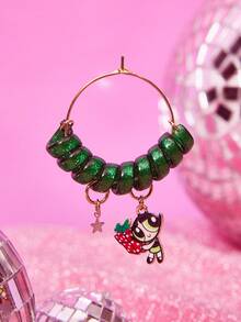 THE POWERPUFF GIRLS X SHEIN 新款锌合金卡通图案耳钉，亚克力扭纹个性休闲可爱款，适合派对、音乐会、节日等场合佩戴 - 綠色 - 查看 3