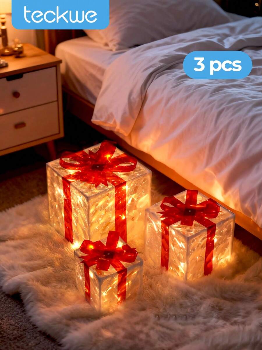 Teckwe 3 Pcs Christmas LED Lighted Gift Boxes, Transparent Warm White Lighted Christmas Box Decorations, Presents Boxes With Red Bows For Christmas Tree, Yard, Home, Christmas Decorations - Transparent + Red - View 1