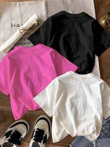 SHEIN Fashionable Regular Length Cute Letter Patterned Short Sleeve Tee For Young Girls - Multicolor - View 2