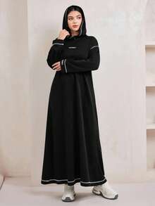 Veilorie Contrast Stripe Letter Print Long Sleeve Hooded Sweatshirt Dress - Black - View 2