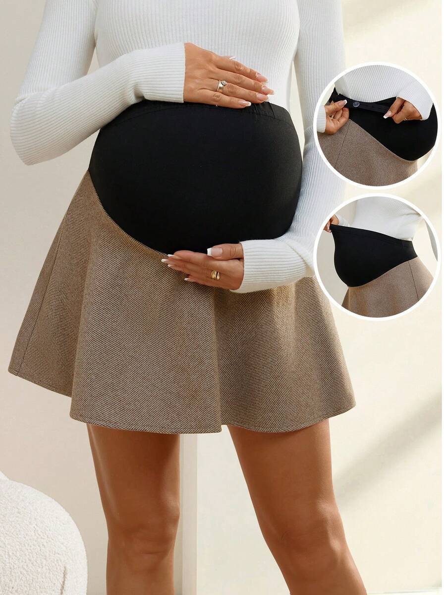 SHEIN Maternity Summer Casual Commuter Adjustable Waist Short A-Line Skirt - Brown - View 1