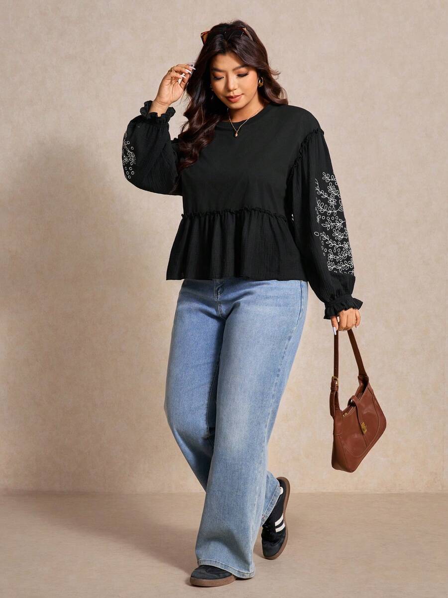 Elaquor Camiseta negra bordada para mujer talla grande, blusa casual de otoño/invierno para damas, blusa negra de primavera para mujeres - Negro - Ver 1