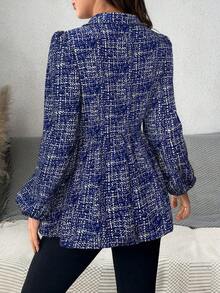 SHEIN Drawstring Waist Flap Detail Lantern Sleeve Shirt - Blue - View 2