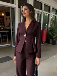 Firerie Women's Casual And Elegant Suit Jacket And Wide-Leg Pants Set, With A Fitted Top And Metal-Buckled Fitted Blazer/Purple Suit/Suit Suitable For Office And Commuting. (Keywords: Autumn Women's Wear, Autumn Outfits, Back To School Season, Business Casual Women's Wear, Retro Style Women's Wear, Office Wear, Outfits, Autumn Women's Wear, Vintage Style Suit) - Mocha Brown - View 8