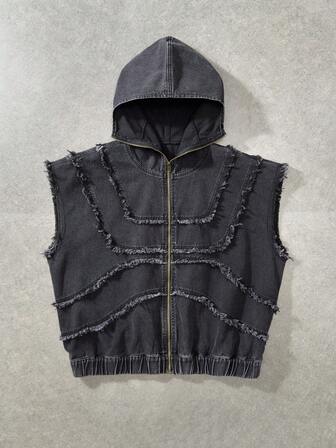 Men's Sleeveless Frayed Hooded Zip-Up Denim Jacket