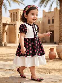 SHEIN Baby Girls' Spring Middle Eastern Style Madder Rose Print Ruffle Collar Puff Sleeve Double Hem Contrast Color Short Sleeve Dress, Soft And Comfortable Fabric, Suitable For Middle Eastern Festivals And Daily Wear, Great For Photos   رمضان  قرقيعان  فستان العيد  الملابس التقليدية العربية - Purple - View 7