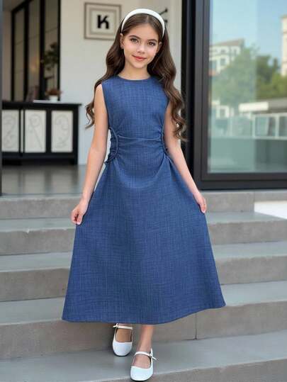 Firerie Kids Tween Girl Spring/Summer New Blue Ruched Fitted Elegant Round Neck Sleeveless Side Ruched Midi Dress, Traditional Arabic Clothing, Robe, Jalabiya, Abaya