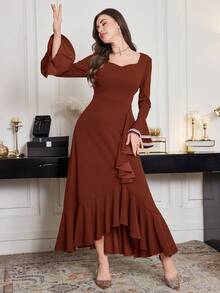 Modelyn Women's Extra Long Flare Sleeve Asymmetrical Ruffle Hem Midi Dress,Coffee Brown Autumn Elegant Dining Spring/Summer Brown Coffee Brown Dress - Rose Red - View 3
