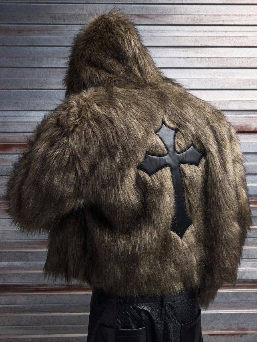 AXEPEAK Men's Autumn/Winter Fashion Street Casual Cross Embroidery Zipper Front Faux Fur Hooded Jacket - Dark Grey - View 1