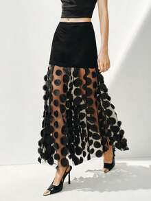 Revavyn 女士高腰A字裙，采用弹力针织面料，网纱拼接，刺绣和大波点设计，优雅约会之选 - 黑色 - 查看 3