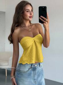 Aloruh Romantic Sexy Yellow Twist Hollow Textured Ruffle Hem Tight Crop Top For Women - Yellow - View 5