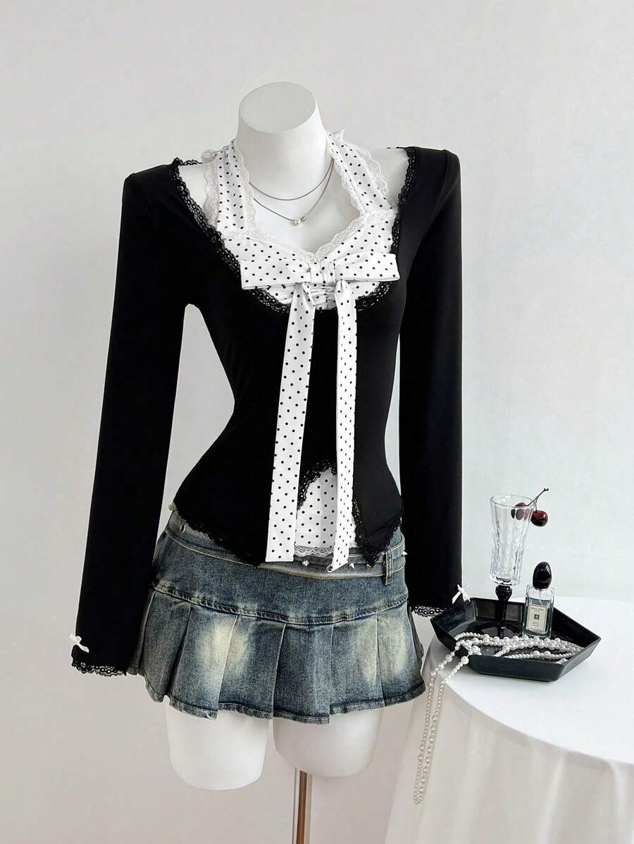 Elamini 女士Y2K复古优雅波点印花蝴蝶结装饰二合一修身T恤，春秋季 - 黑與白 - 查看 1