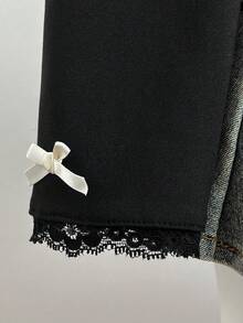 Elamini 女士Y2K复古优雅波点印花蝴蝶结装饰二合一修身T恤，春秋季 - 黑與白 - 查看 5