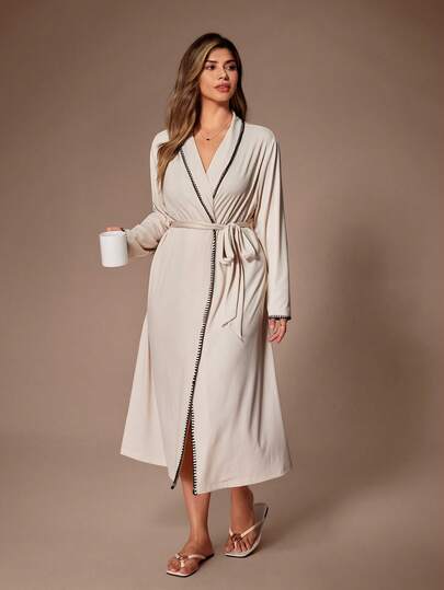 Lazeform 플러스 사이즈 여성 캐주얼 루즈 소프트 드레이피 라이트웨이트 카키 니트 로브 콘트라스트 트림, 편안하고 우아한 잠옷